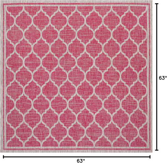 Eyely BMS109H-5SQ Santa Monica Trebol Moroccan Trellis Textured Weave Indoor/Outdoor Area Rug Coastal;Bohemian, Bedroom, Backyard, Patio, Easy-Cleaning, Non-Shedding, 5' Square, Fuchsia/Light Gray