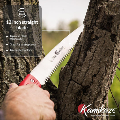 EZ Kut Kamikaze Straight Blade Pruning Saw – 18" Heavy Duty SK5 Carbon Steel – Japanese Pull-Cut Technology – Ergonomic Anti-Fatigue Grip – Tree Trimming Hand Saw with Scabbard