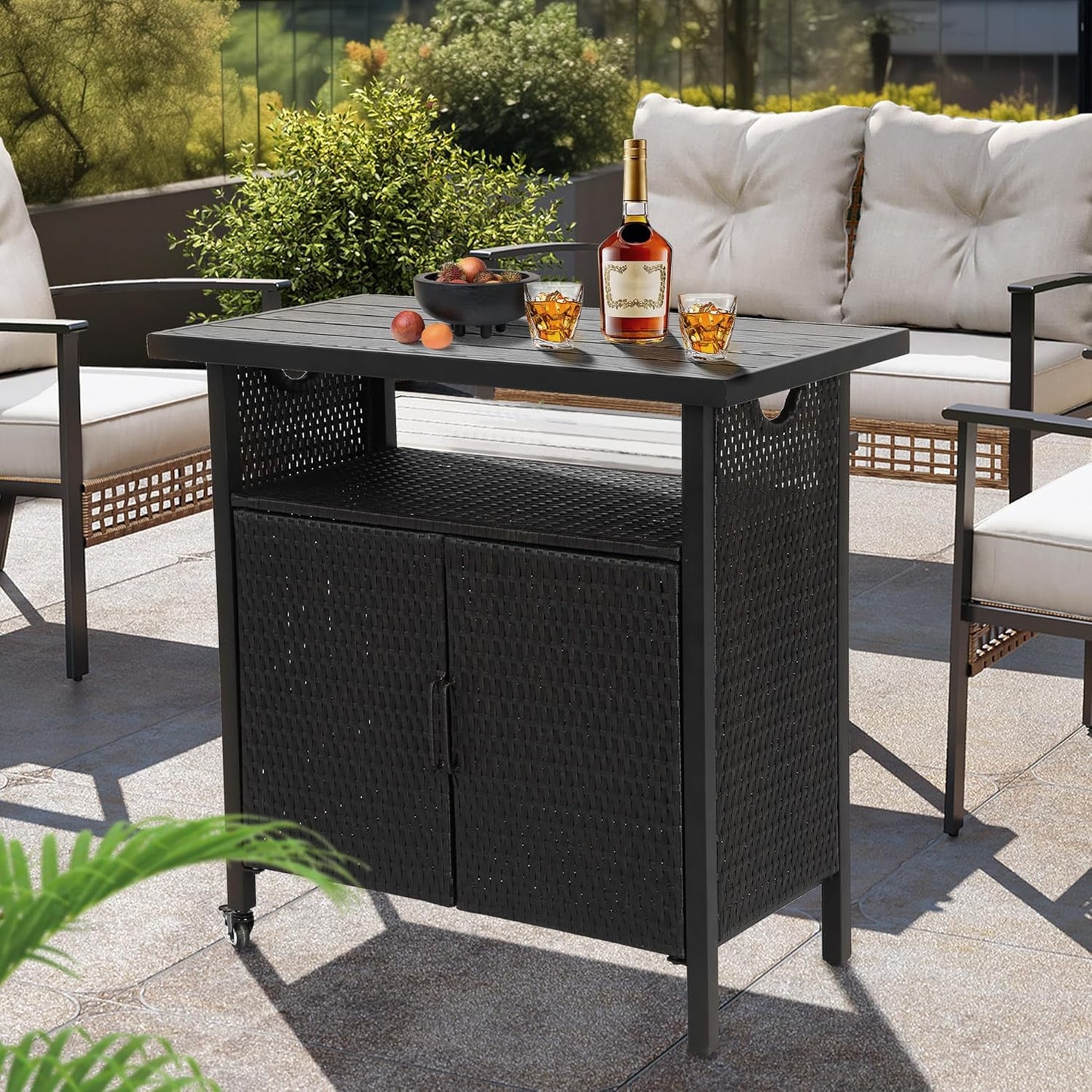 HOMEFUN Outdoor Bar Table Featuring Storage Cabinet: Wheeled Patio Serving Carts, Wicker Grill Cart Prep Station & Rolling Kitchen Island for Patio, Backyard and Outside Use, in Black