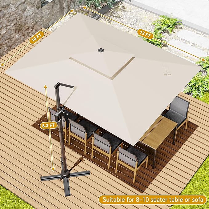 10x13 FT Cantilever Patio Umbrella Double Top Outdoor Rectangular Large Heavy Duty Aluminum Offset Umbrellas with 7 Level Tilt 360-degree Rotation for Pool Garden Deck, Beige