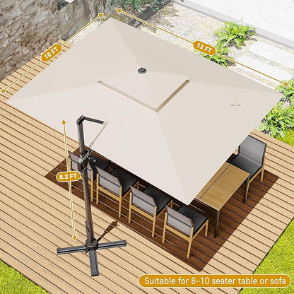 10x13 FT Cantilever Patio Umbrella Double Top Outdoor Rectangular Large Heavy Duty Aluminum Offset Umbrellas with 7 Level Tilt 360-degree Rotation for Pool Garden Deck, Beige