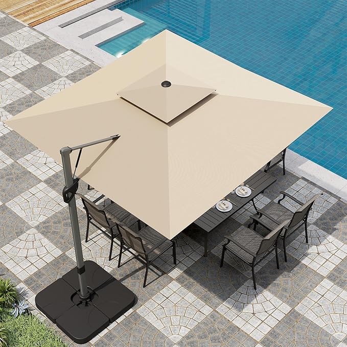 PHI VILLA 10ft Cantilever Patio Umbrella,Outdoor Large Square Umbrellas with 360°Rotation, Heavy Duty Hydraulic Double Umbrella Windproof for Outside, Pool, Deck, Garden, Porch, Beige(No Base)