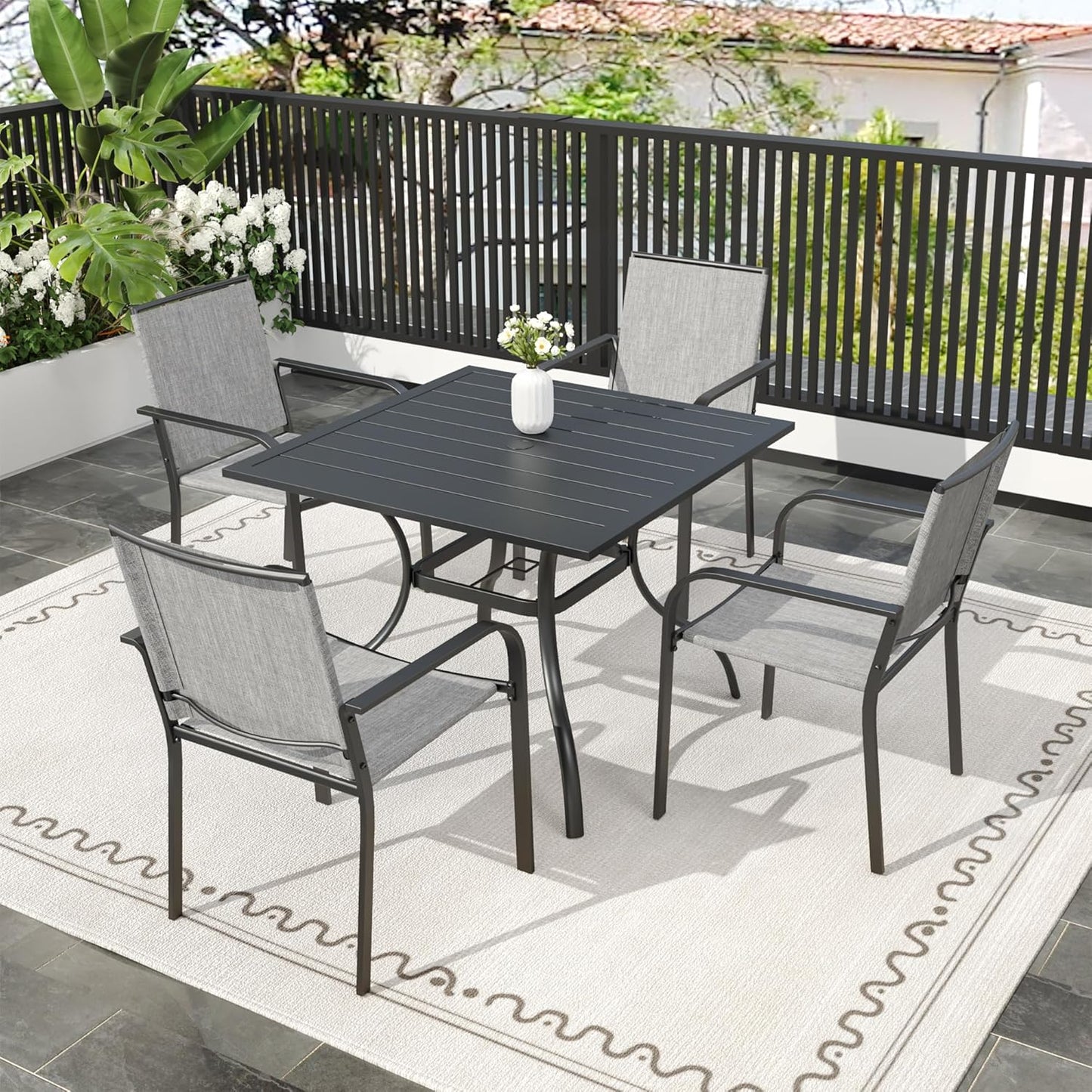 Anumutig 5-Piece Outdoor Dining Set, 35‘’Square Table with 4 Stackable Patio Chairs, All Weather Frame Furniture Set - Gray