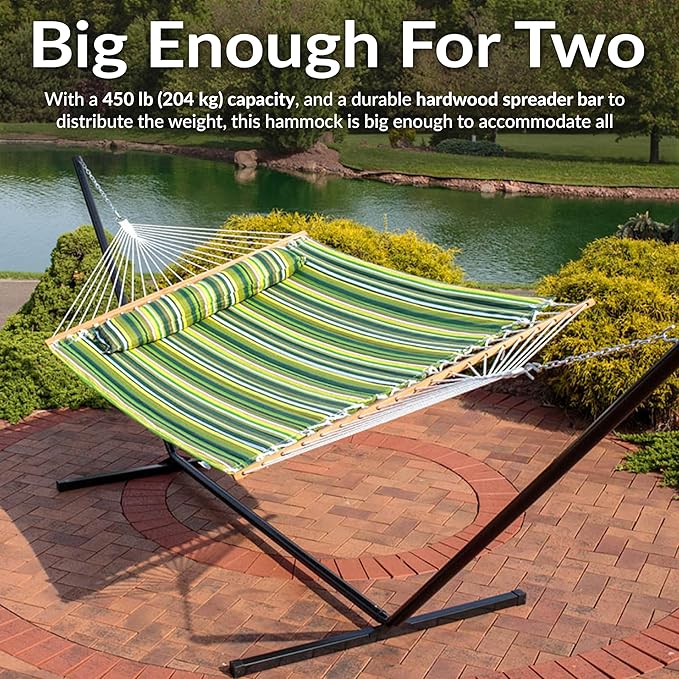 Sunnydaze Quilted Outdoor Hammock with Spreader Bars - Heavy-Duty 450-Pound Capacity Double Hammock for Outside - Melon Stripe