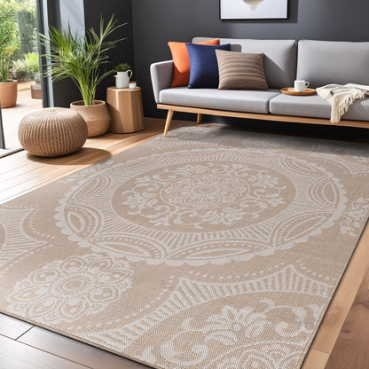 Medallion Outdoor Rug 5x7 Washable Outside Carpet for Indoor Patio Porch Waterproof Easy Cleaning Non Shedding Area Rugs Beige 5 x 7