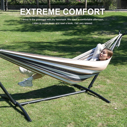 Double Hammock with Stand Included 450lb Capacity Space Saving Steel Stand,Premium Carry Bag Included,Suit for Outside,Indoor,Yard,Camping(Coffee).