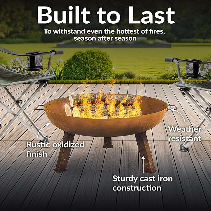 Sunnydaze 30-Inch Cast Iron Heavy-Duty Fire Pit for Outside - Wood-Burning Outdoor Fire Pit Bowl with Handles - Oxidized Finish