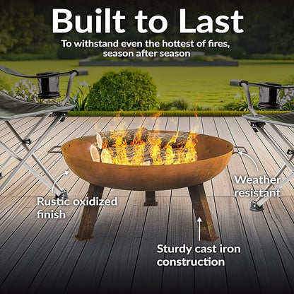 Sunnydaze 24-Inch Cast Iron Heavy-Duty Fire Pit for Outside - Wood-Burning Outdoor Fire Pit Bowl with Handles - Oxidized Finish