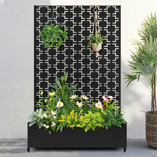 FENCY Metal Raised Garden Bed with Wheels and Trellis,73"x47"x16" Planter Box for Climbing Plants, Vegetables & Vines, Features Privacy Screen and Drainage Holes (Black-Square)