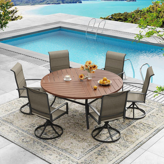 DIFY 53.1" Round Outdoor Patio Dining Table for 6-8, All-Weather Metal Steel Slatted Patio Table with 1.57" Adjustable Umbrella Hole, for Lawn Garden Porch Backyard, Walnut
