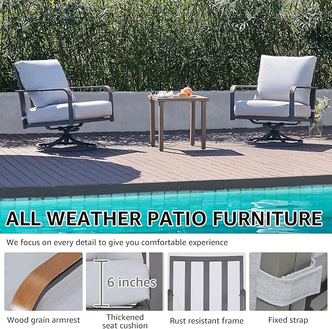 NATURAL EXPRESSIONS Outdoor Bistro Set, 3 Piece Swivel Glider Rocking Chairs Patio Conversation Furniture Set with 2 Rockers, 1 Metal Table and 6" Thick Cushions for Backyard, Porch, Balcony, 350lbs.