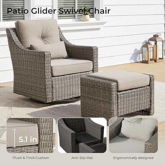 CHITA 2 Pieces Patio Wicker Furniture Set, Outdoor Rattan Bistro Set with Rocking Swivel Chair, Thickened Cushions and Ottoman