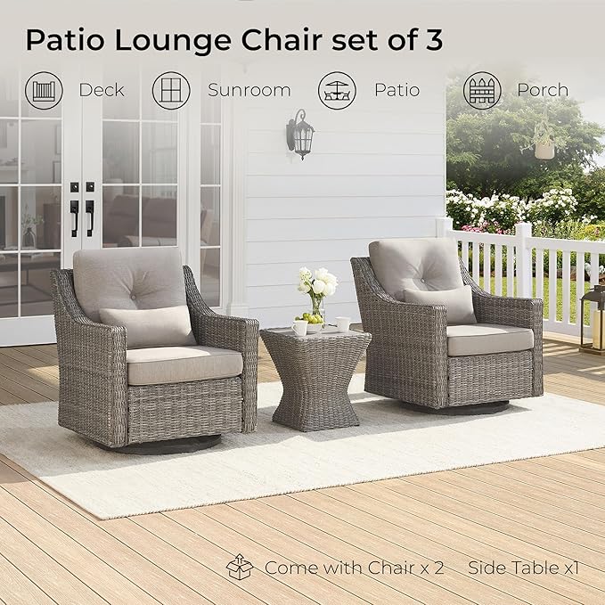 CHITA 3 Pieces Wicker Patio Bistro Set, Outdoor Furniture Set with 2 Pieces Rattan Rocking Swivel Chairs, Thickened Cushions and Side Table