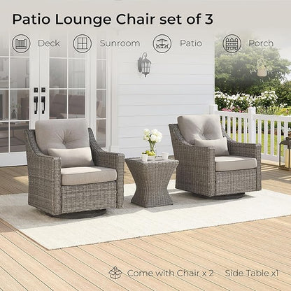 CHITA 3 Pieces Wicker Patio Bistro Set, Outdoor Furniture Set with 2 Pieces Rattan Rocking Swivel Chairs, Thickened Cushions and Side Table