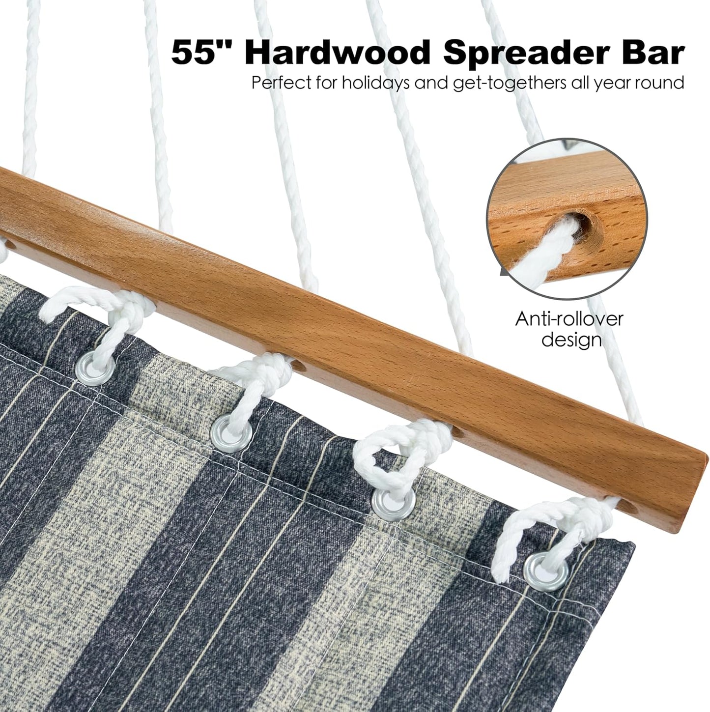 2 Person Hammocks for Outside, Double Quilted Fabric Outdoor Hammock with Spreader Bar, Large Removable Pillow, Storage Pockets, Carabiners, Max 475 lbs Capacity (Slate Grey)