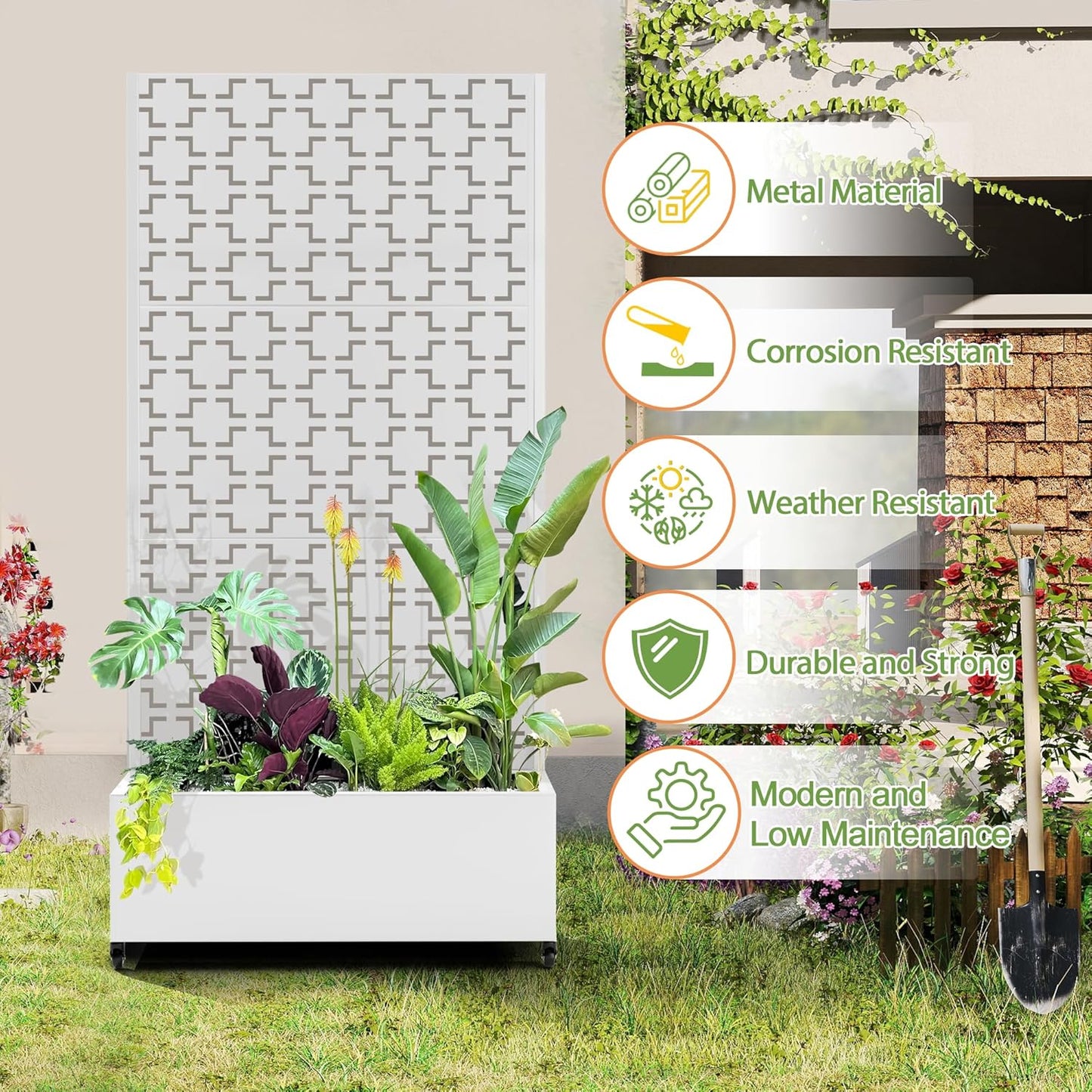 Raised Garden Bed with Trellis and Wheels,73"x35"x16" Metal Raised Garden Bed,White Squared Metal Planter with Climbing Trellis for Vines & Vegetables