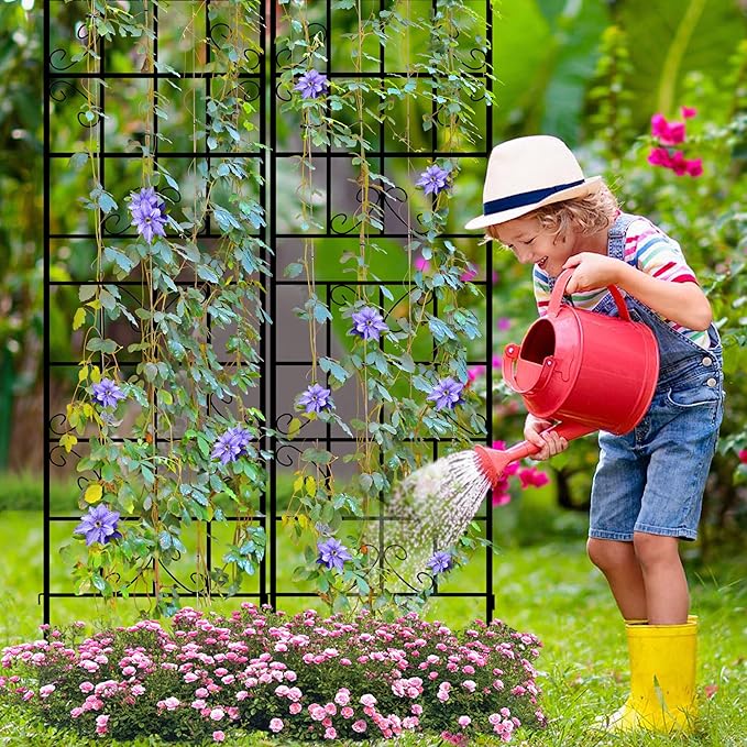 LZRS 4 Pack 87x20in Rustic Iron Arch Decoration Garden Trellis with Black Metal Coating – Perfect for Supporting Climbing Plants Outdoor, Roses, Vines, Flowers, and Vegetables.