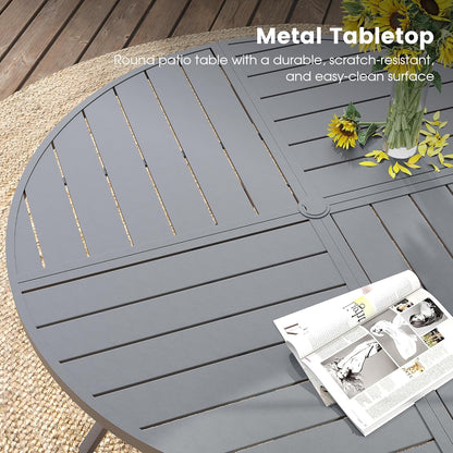 DIFY 53.1" Round Outdoor Patio Dining Table for 6-8, All-Weather Metal Steel Slatted Patio Table with 1.57" Adjustable Umbrella Hole, for Lawn Garden Porch Backyard, Grey