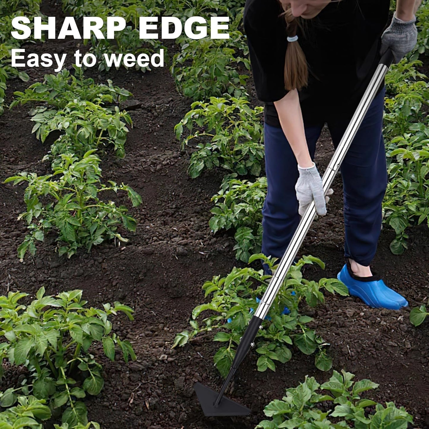 Triangle Garden Hoe, Carbon Steel Weed Remover Edger Lawn Tool with 57.5 Inches Stainless Steel Long Handle, Weed Puller Long Handle Hoe for Digging Weeding Hoeing Loosing Soil