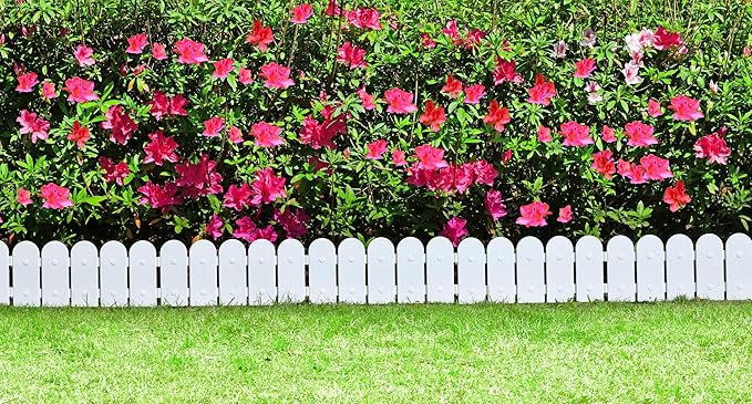 Evelyne Garden Border Edging: Wooden Fence Design - 8pcs White Yard Landscaping Fence Liner Lawn Edge Barrier - 10ft Kit of Decorative Lawn Landscape Panels Elements -Landscaping Edging-GMT-10374-D08