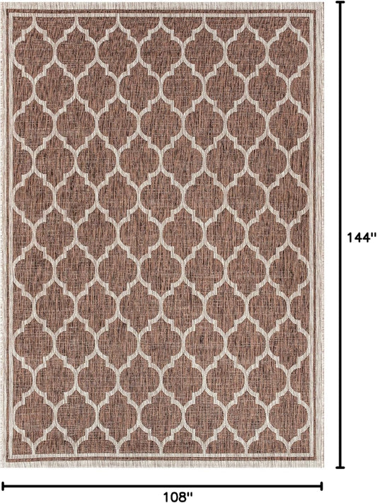 Eyely BMS109B-9 Santa Monica Trebol Moroccan Trellis Textured Weave Indoor/Outdoor Area Rug Coastal;Bohemian, Bedroom, Backyard, Patio, Easy-Cleaning, Non-Shedding, 9 X 12, Espresso/Taupe