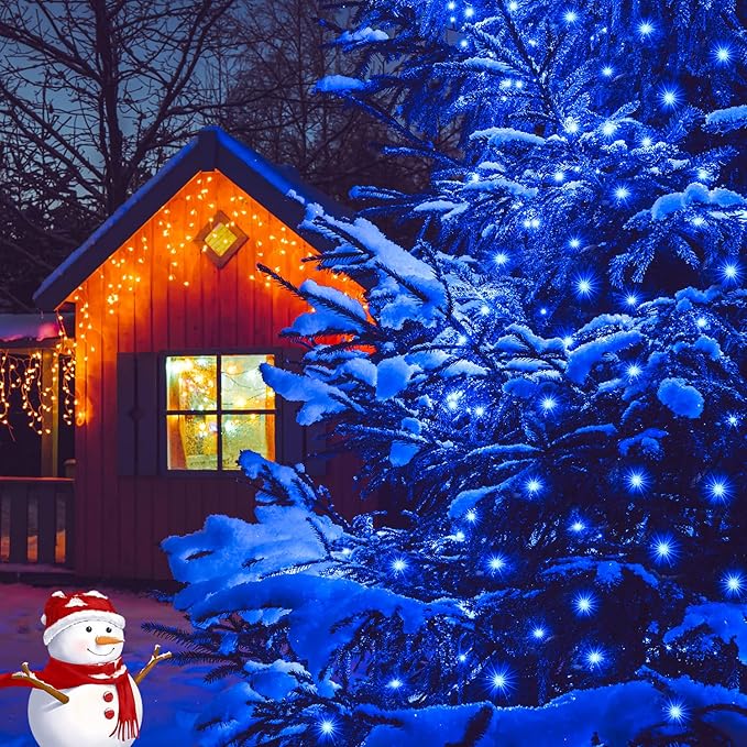 JMEXSUSS 2 Pack Blue Solar Christmas Lights: 100 LED 33ft Blue Solar Lights Outdoor, 8 Modes Solar String Lights for Outside Christmas Tree Gardens Party