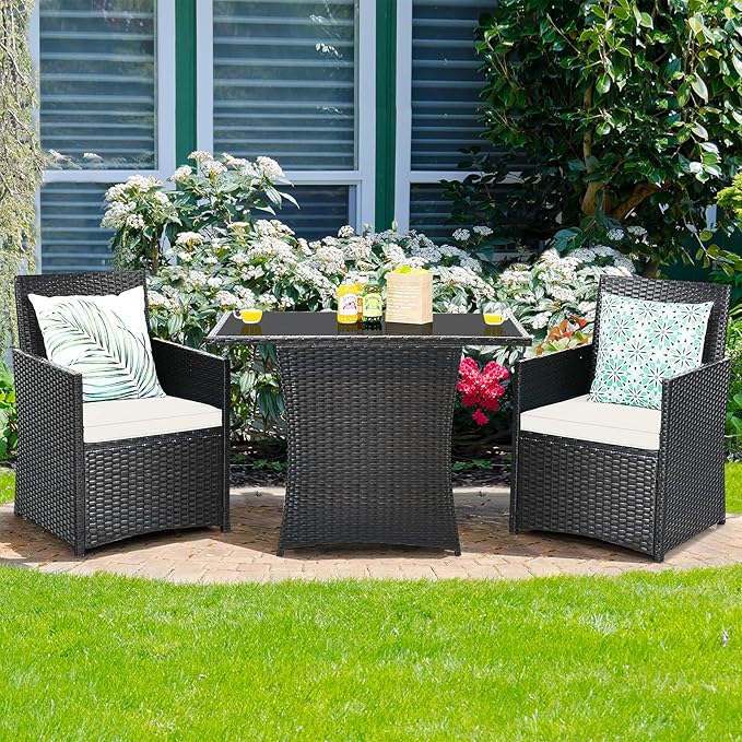 Tangkula 3 Pieces Patio Dining Set, Space-Saving PE Rattan Bistro Set with Tempered Glass Top Table and Cushioned Chairs, Outdoor Conversation Set for Garden Backyard Poolside Porch (White)