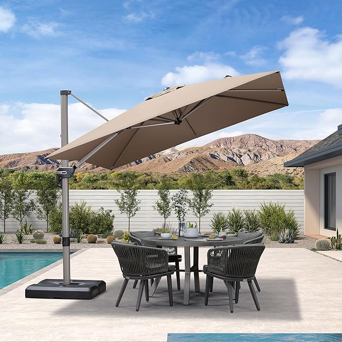 PURPLE LEAF 9' X 9' Patio Umbrella Outdoor Cantilever Umbrella, Aluminum Offset Umbrella with Champagne Frame and 360° Rotation for Pool Deck Garden, Taupe