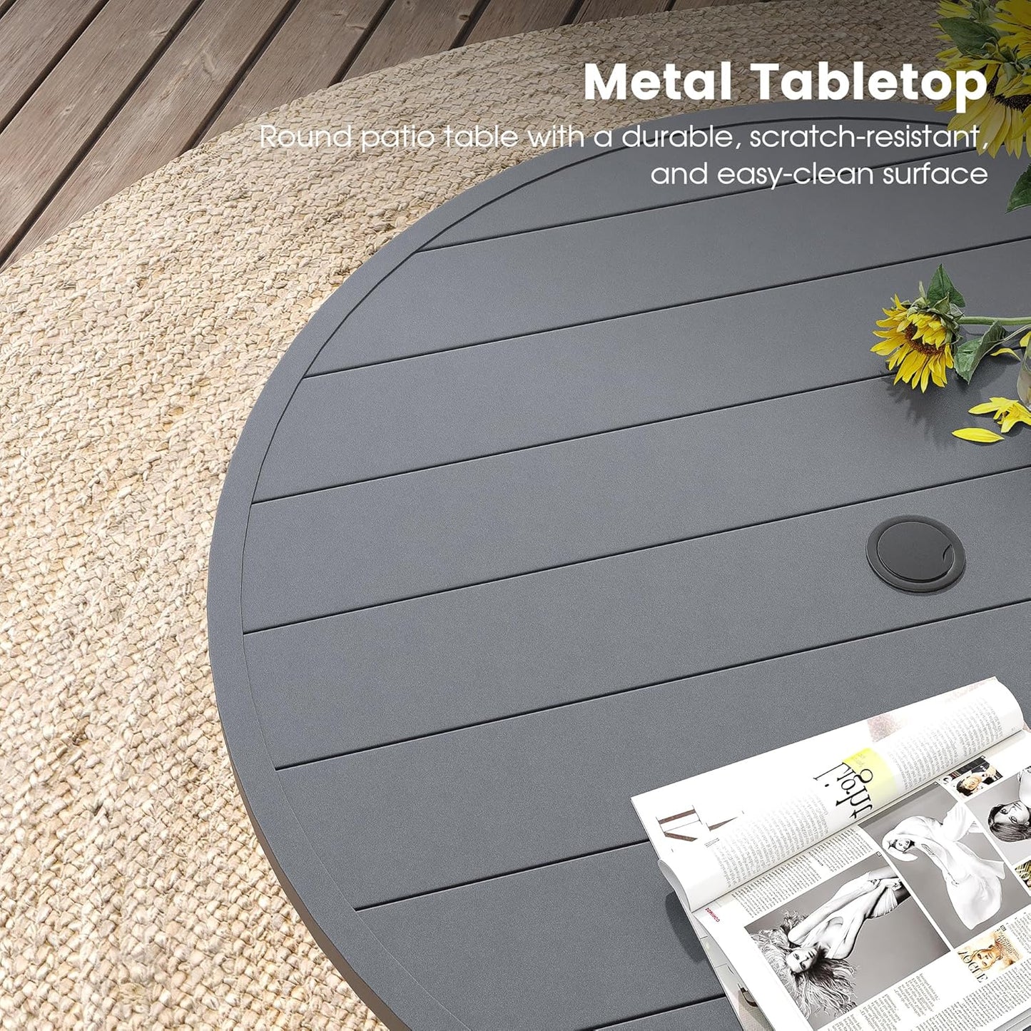 DIFY Outdoor Dining Table for 4, Round Patio Table with Umbrella Hole for Garden, Backyard and Porch (Dark Grey)