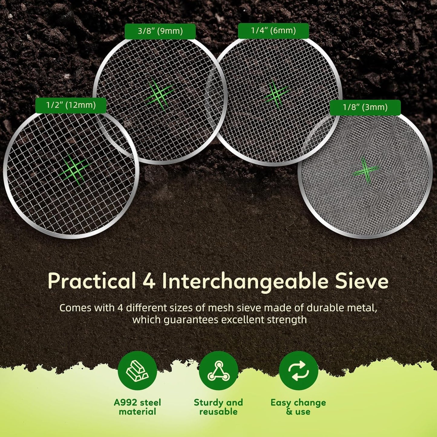 New Upgrade Rotary Soil Sifter Compost Sieve, 13 Inch Heavy-Duty Garden Soil Screen with 4 Replaceable Sifting Sieve (3/6/9/12mm) for Sand Rocks Dirt Compost, Includes Gardening Shovel & Gloves Kit ‌