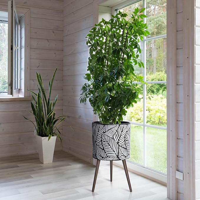 D'vine Dev 16 Inch Planter Pot with Stand, Mid-Century Tall Plant Pot with Legs for Indoor Plants, XX-Large, White/Grey, 88-L-E-7