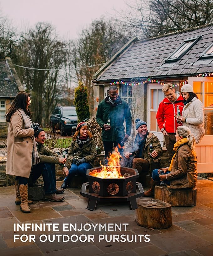 26 inch Fire Pit, Firepits for Outside Wood Burning Fire Pits with Cooking Grill, Outdoor Fire Pit Octagonal Heavy Duty Firepit with Poker for Bonfire, Backyard, Patio, Bronze