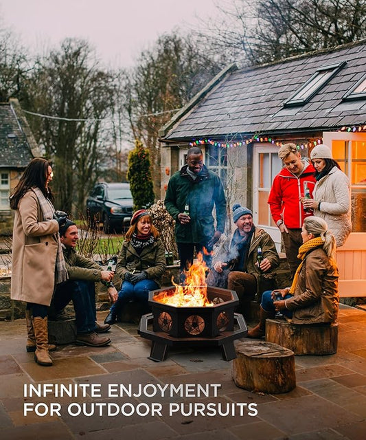 26 inch Fire Pit, Firepits for Outside Wood Burning Fire Pits with Cooking Grill, Outdoor Fire Pit Octagonal Heavy Duty Firepit with Poker for Bonfire, Backyard, Patio, Bronze