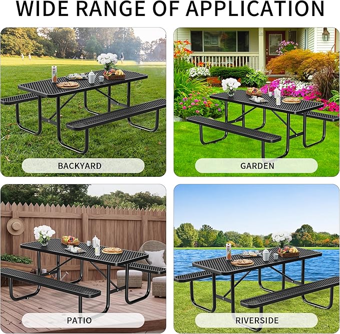 4FT Rectangular Steel Outdoor Picnic Table,Commercial Black Picnic Table Bench Set with Umbrella Hole, Weather-Resistant Heavy Duty School Dining Table for Patio, Garden, Backyard