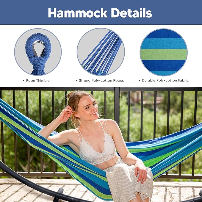 SUNCREAT Portable Outdoor Hammock with Stand Included, Double Hammock with Stand for Outside, Blue & Green Stripes