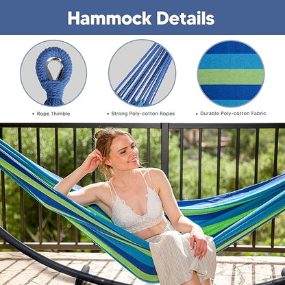 SUNCREAT Portable Outdoor Hammock with Stand Included, Double Hammock with Stand for Outside, Blue & Green Stripes