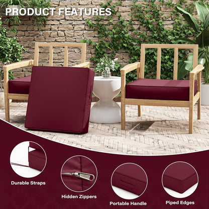 Patio Chair Cushions 24 X 24 X 5 Inch Waterproof Outdoor Seat Cushions for Patio Furniture, Outdoor Sofa Couch Pads with Ties & Handle, Set of 2, Burgundy