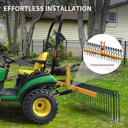 YITAMOTOR 72" Durable Powder Coated Steel Pine Straw Rake Steel Spring Landscape Rake Attaches to Cat-0 Cat-1,3 Point Hitch for Tractor, Yellow Black
