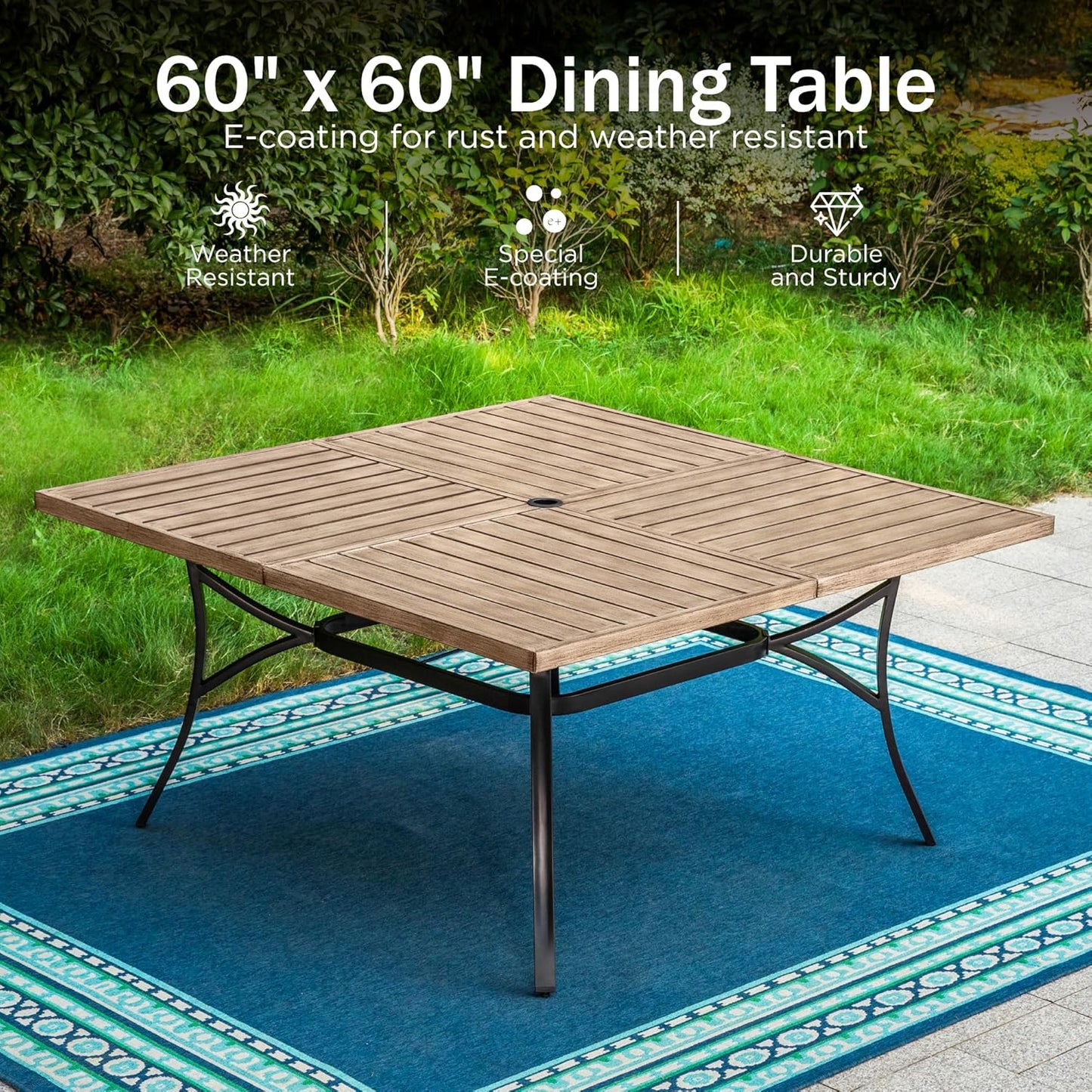 PHI VILLA Large Outdoor Patio Table for 8 Person, 60" Square Metal Steel Slat Table with 1.57"-1.9" Adjustable Umbrella Hole, Weather-Resistant Outdoor Dining Table for Deck Backyards, Brown