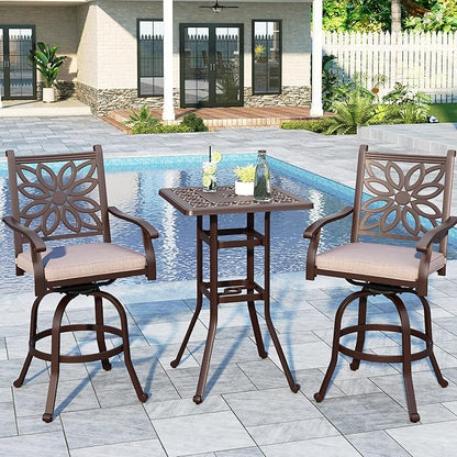 Sophia & William 3 Pieces Cast Aluminum Patio Bar Set, Square Outdoor Bar Table and 2 Swivel Bar Counter Height Chairs Set, Modern Patio Pub Bistro Set with Outdoor Stools