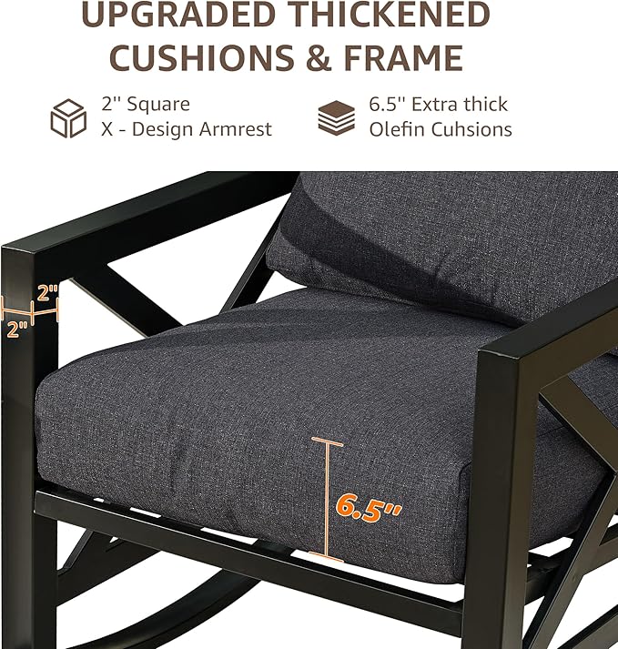 NATURAL EXPRESSIONS Patio Rocking Bistro Set, 3 Piece Outdoor Conversation Furniture Set with 2 Rockers and 1 Metal Coffee Table with Thick Cushions,2 Pack Patio Chair Covers Included