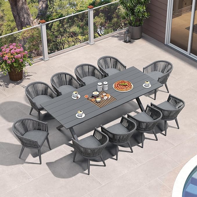 PURPLE LEAF 11 Pieces Outdoor Dining Set with Patio Aluminium Dining Table and Wicker Rattan Chairs Modern Furniture Cushions Sets for Backyard Indoor Decor Kitchen Grey