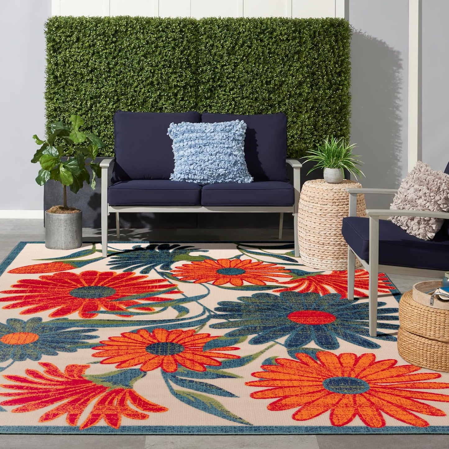 Nourison Home Aloha Indoor/Outdoor Ivory Multicolor 9' x 12' Area Rug, Easy Cleaning, Non-Shedding, Bed Room, Living Room, Dining Room, Backyard, Deck, Patio (9x12)