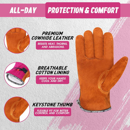 HLDD HANDLANDY Leather Work Gloves for Men & Women, Adjustable Wrist Cowhide Gardening Glove with Reinforced Palm for Driver