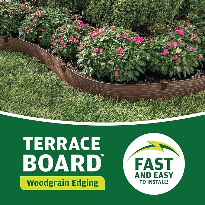 MASTER MARK Terrace Board, Landscape Coiled Edging, Grass Barrier, Bender Board, Garden Borders (Brown) 4 in. x 40 ft. with 10 Stakes