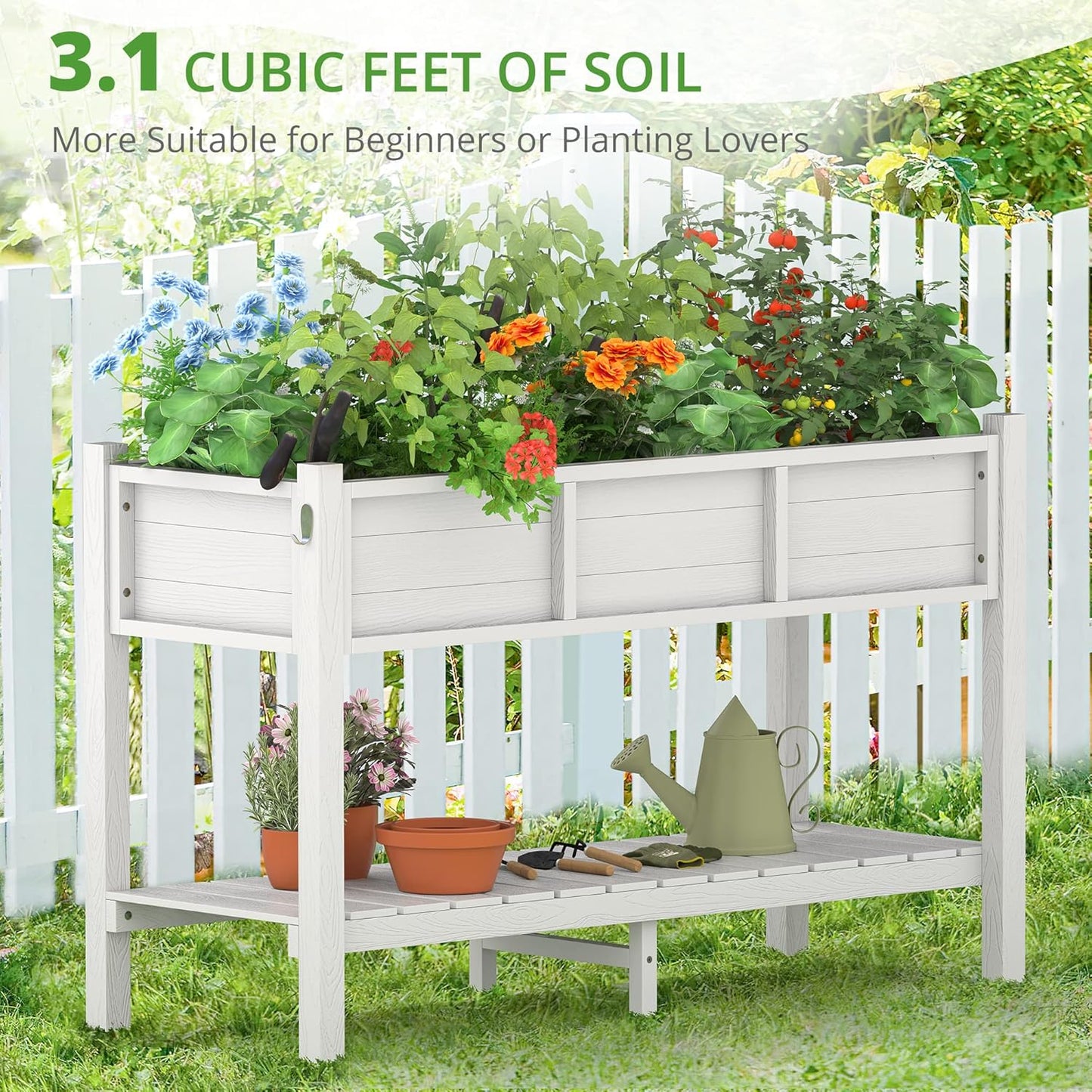 LUE BONA Raised Garden Bed with Tools, 47*18*29 in, Poly Elevated Planter Box with Legs And Storage Shelf, Weather Resistant, 3-Year Warranty, Standing Growing Bed Herb Planter for Vegetable, White