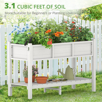 LUE BONA Raised Garden Bed with Tools, 47*18*29 in, Poly Elevated Planter Box with Legs And Storage Shelf, Weather Resistant, 3-Year Warranty, Standing Growing Bed Herb Planter for Vegetable, White