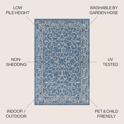 JONATHAN Y SMB106D-9 Charleston Vintage Filigree Textured Weave Indoor Outdoor Area Rug Classic Coastal Easy Cleaning Bedroom Kitchen Backyard Patio Non Shedding, 9 X 12, Navy/Gray