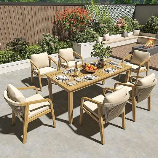 Wisteria Lane 7 Pieces Acacia Patio Dining Set for 6, Patio Dining Table and Chairs Set with Cushion, Modern Outdoor Dining Furniture Set for Lawn Backyard Garden Deck, Beige