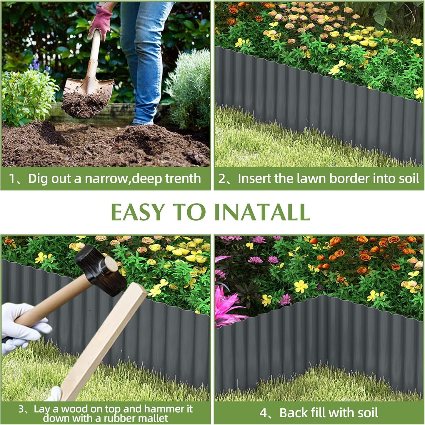 Metal Garden Edging Border, Corrugated Steel Landscaping, DIY for Lawn (Black, 10 Inch x 10FT)